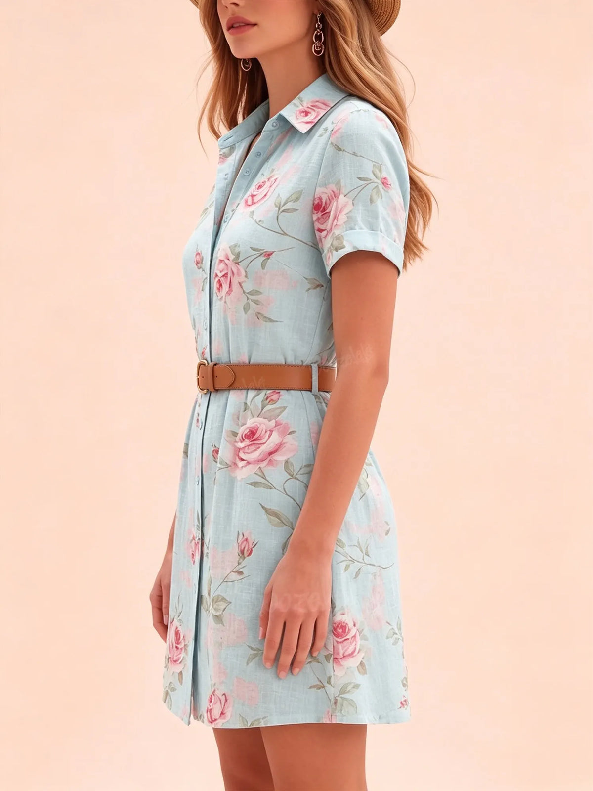 Western-Style Mini Dress — Sky Blue Cotton-Linen Blend, French Vintage Rose Print, Short-Sleeve Button-Down Shirt Dress