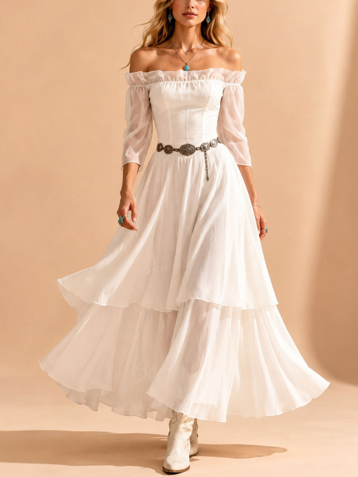 2026 S/S Romantic Muse — White Off-the-Shoulder Sheer Puff Sleeve Tiered Maxi Dress