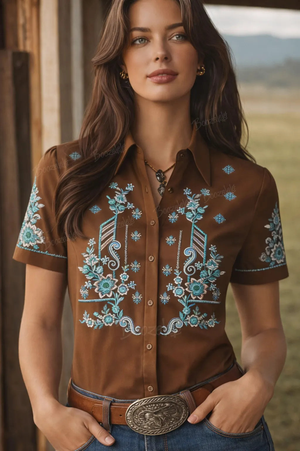 Women's Turquoise Floral  Western Shirt - 100% Cotton Brown Short Sleeve Button-Down Blouse