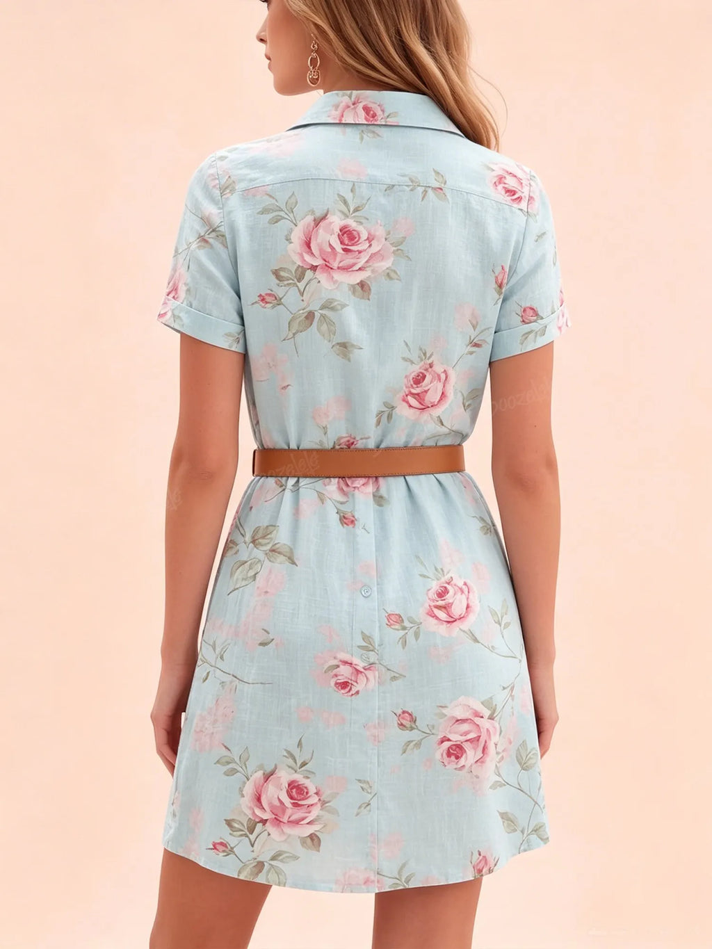 Western-Style Mini Dress — Sky Blue Cotton-Linen Blend, French Vintage Rose Print, Short-Sleeve Button-Down Shirt Dress