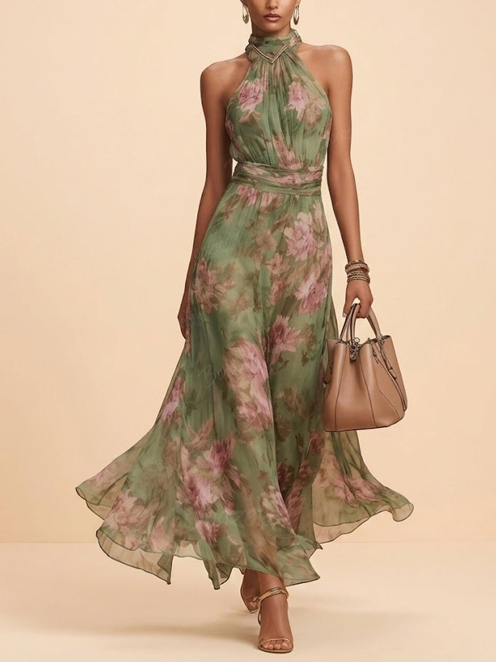 2026 SS Western Romance — Herbal Green Heavy Floral Chiffon Halter High-Neck Flowing Maxi Dress