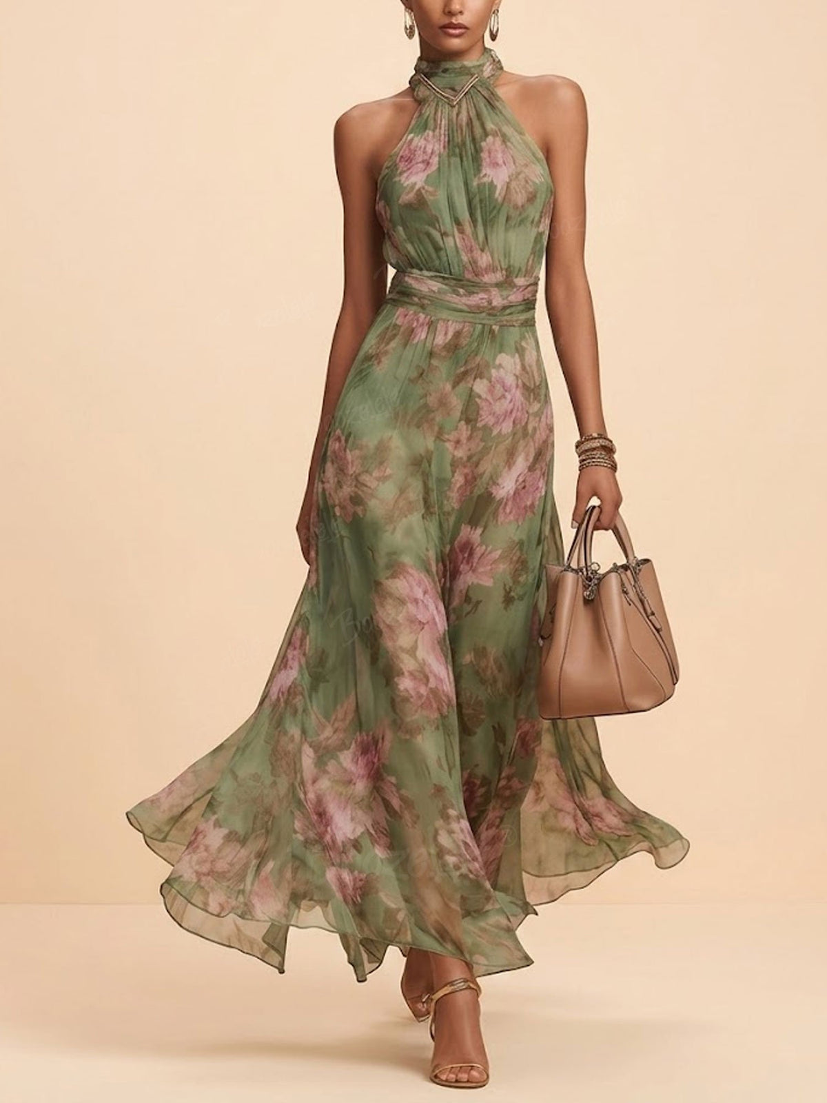 2026 SS Western Romance — Herbal Green Heavy Floral Chiffon Halter High-Neck Flowing Maxi Dress