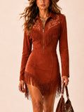 [Embroidery]Suited For A Road Trip — Wild Western Caramel Half-Zip Long Sleeve Mini Dress