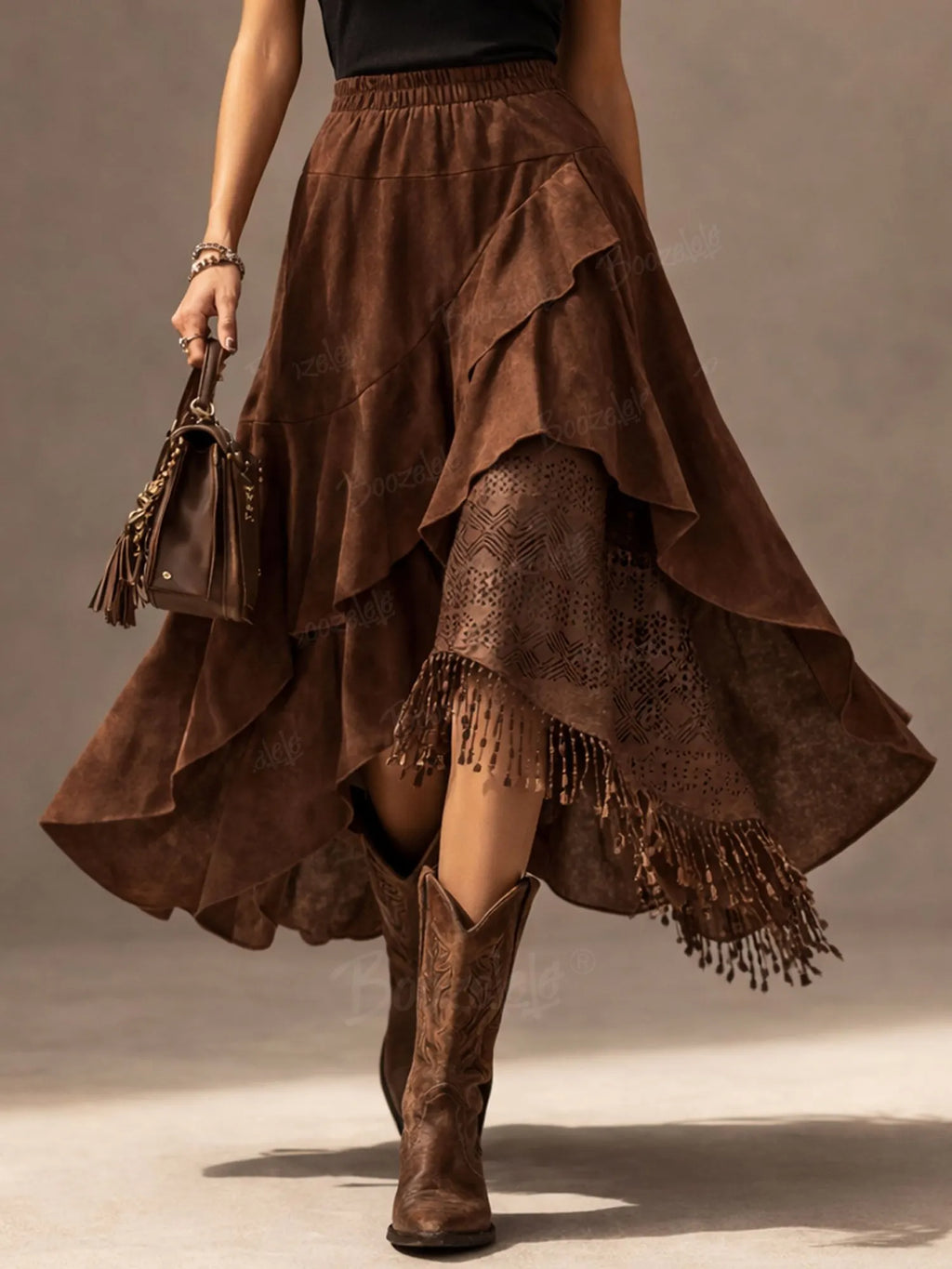 Vintage Western Fringe Skirt, Women's Brown Asymmetrical Ruffle Maxi Skirt