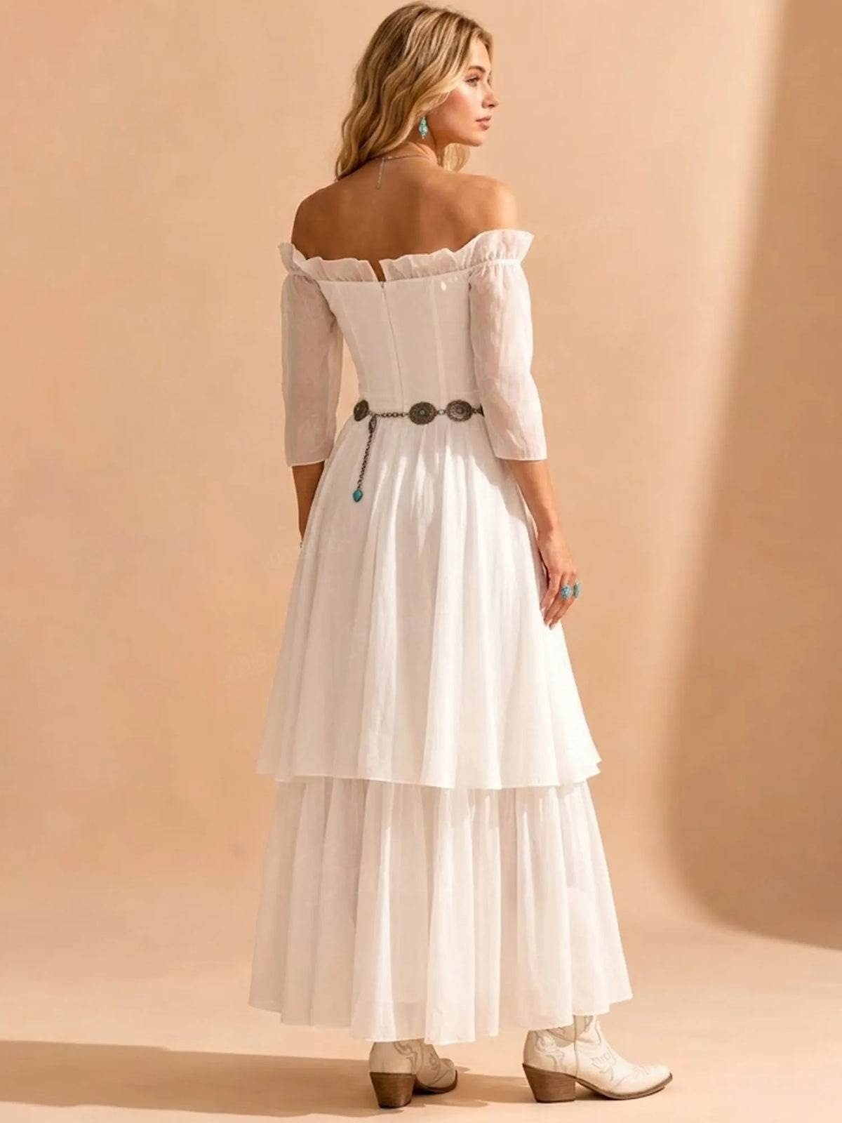 2026 S/S Romantic Muse — White Off-the-Shoulder Sheer Puff Sleeve Tiered Maxi Dress
