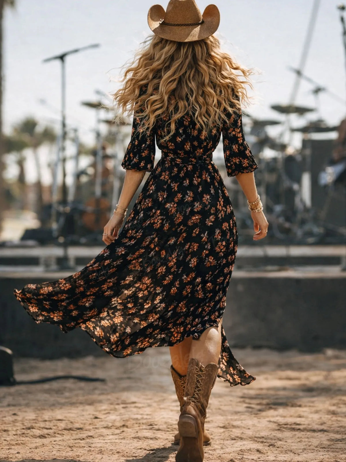Women's Boho Western Floral Print High Low Maxi Dress