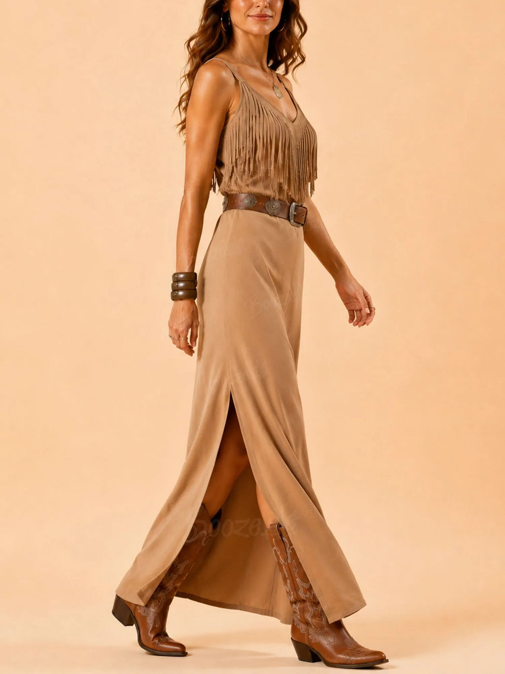2026 S/S Desert Bloom — Camel V-Neck Fringe Cami Side-Slit Boho Maxi Dress