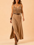 2026 S/S Desert Bloom — Camel V-Neck Fringe Cami Side-Slit Boho Maxi Dress