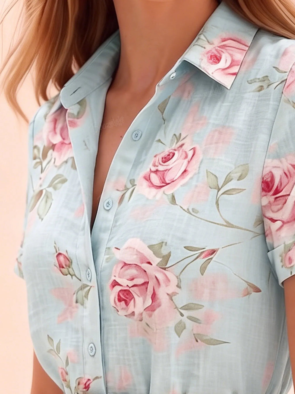 Western-Style Mini Dress — Sky Blue Cotton-Linen Blend, French Vintage Rose Print, Short-Sleeve Button-Down Shirt Dress