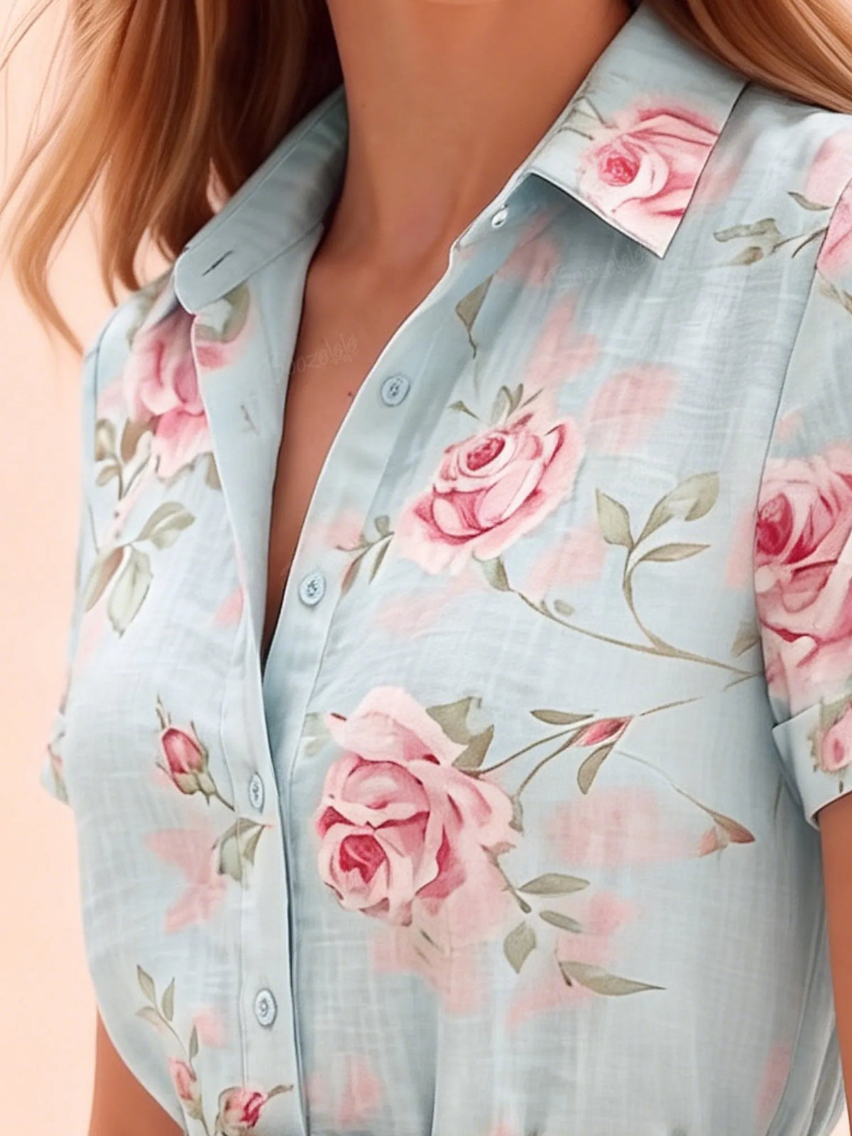 Western-Style Mini Dress — Sky Blue Cotton-Linen Blend, French Vintage Rose Print, Short-Sleeve Button-Down Shirt Dress