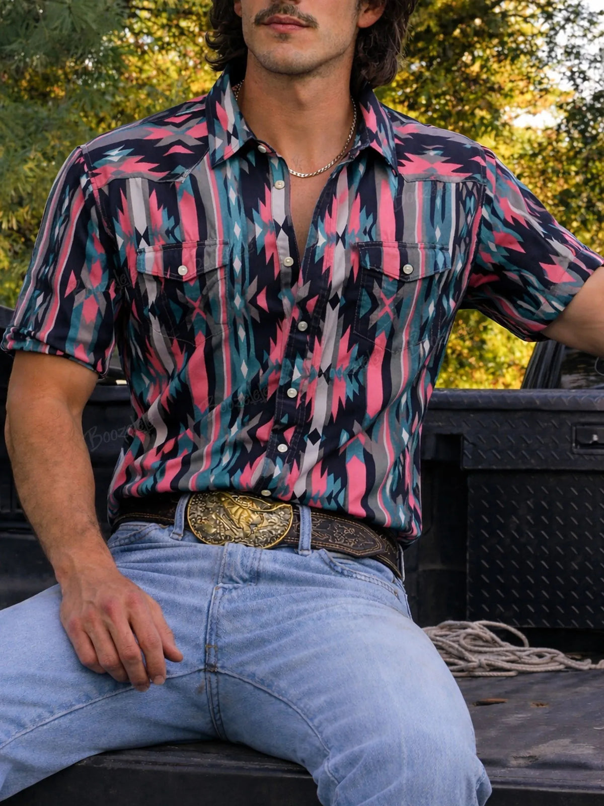 Men'S Aztec Geometric Western Short Sleeve Shirt - 100% Cotton Shirt