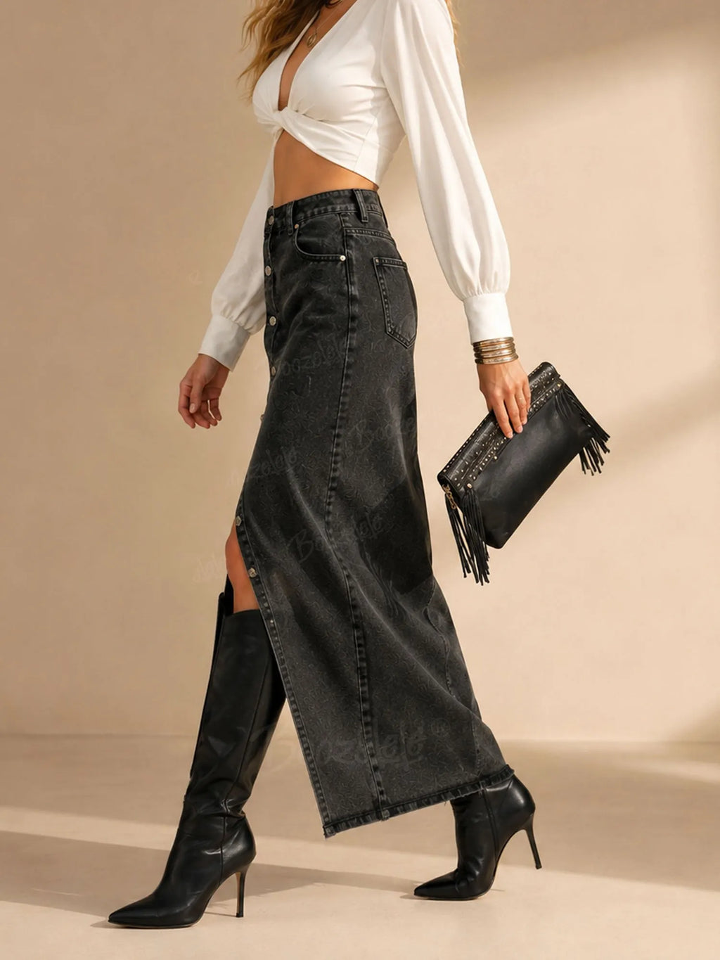 Ideal for a Boho Music Festival — Smoke Gray Distressed Raw-Hem Slim-Fit A-Line Denim Long Skirt