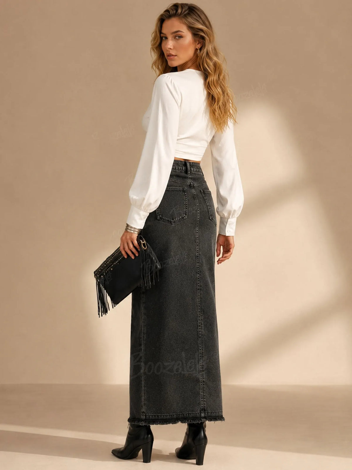 Ideal for a Boho Music Festival — Smoke Gray Distressed Raw-Hem Slim-Fit A-Line Denim Long Skirt