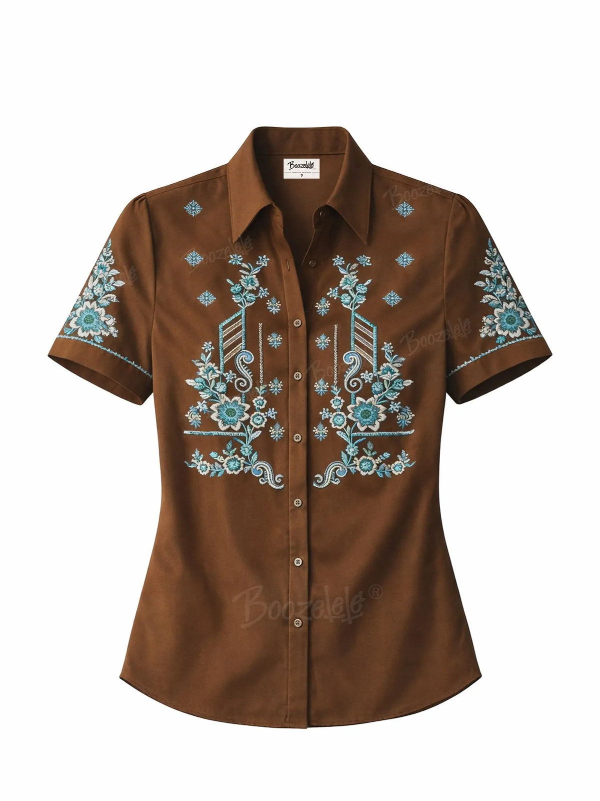 Women's Turquoise Floral  Western Shirt - 100% Cotton Brown Short Sleeve Button-Down Blouse