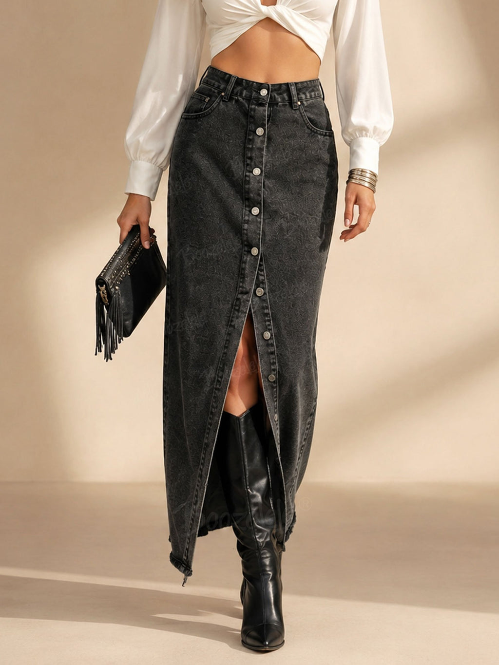 Ideal for a Boho Music Festival — Smoke Gray Distressed Raw-Hem Slim-Fit A-Line Denim Long Skirt