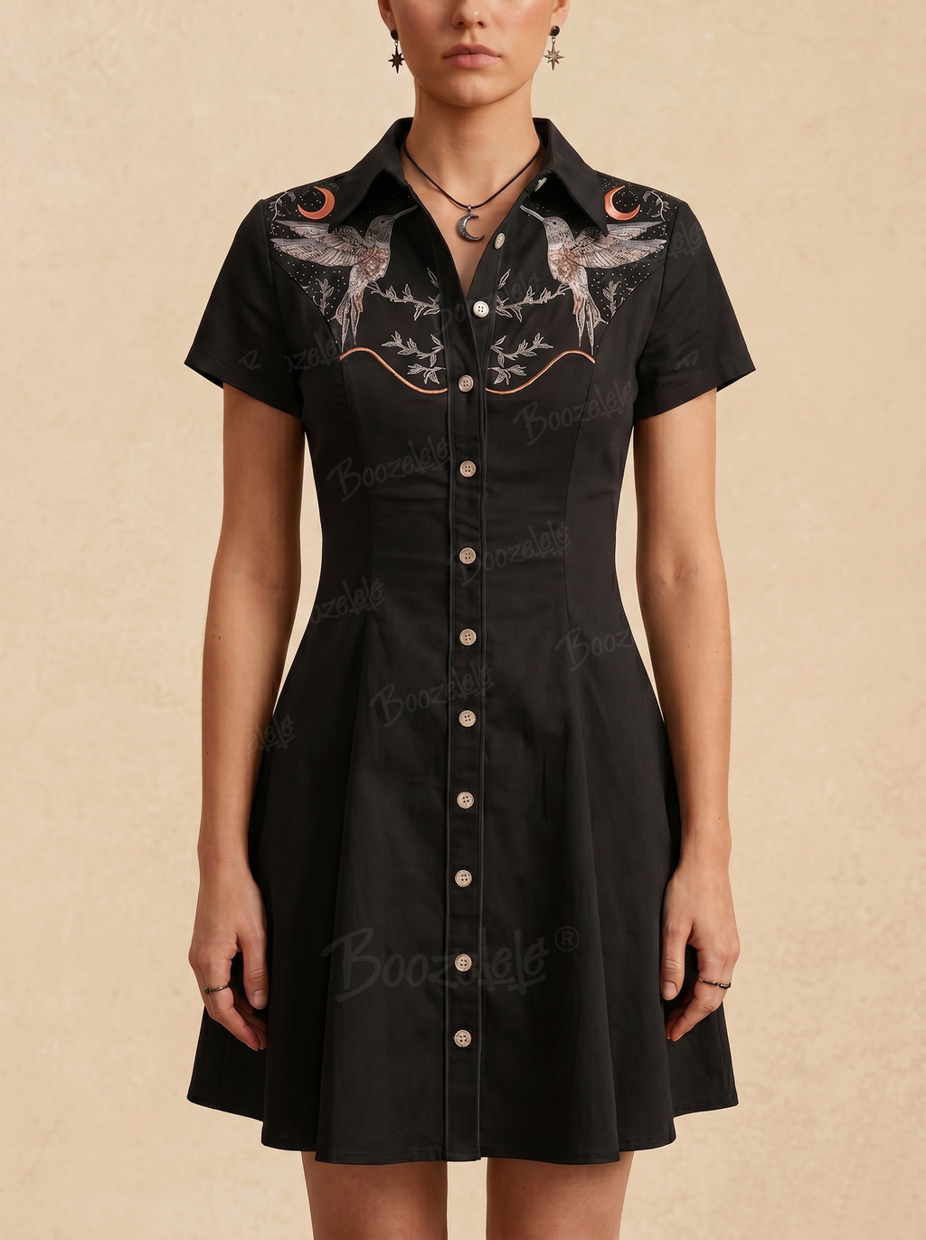 [Clearance][Embroidery]Retro Bird Moon Plant Totem  - 100% Cotton Dress