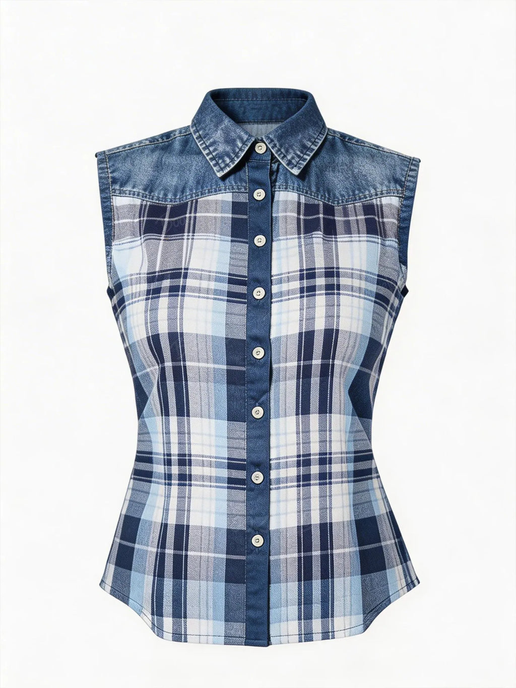 Women's Western Plaid Print Sleeveless Shirt- 100% Cotton